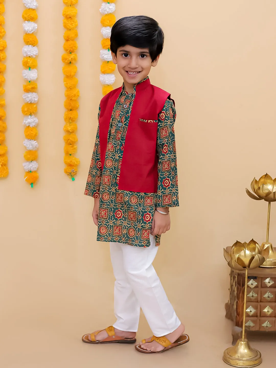 Emerald Essence Boys Floral Print Jacket And Kurta Pajama Set