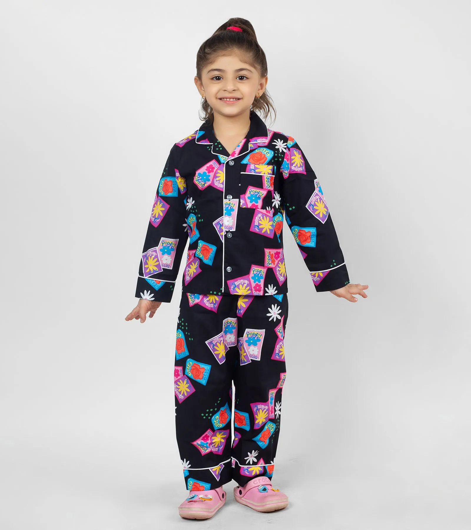 Flowery Black Printed Girls Nightsuit Set