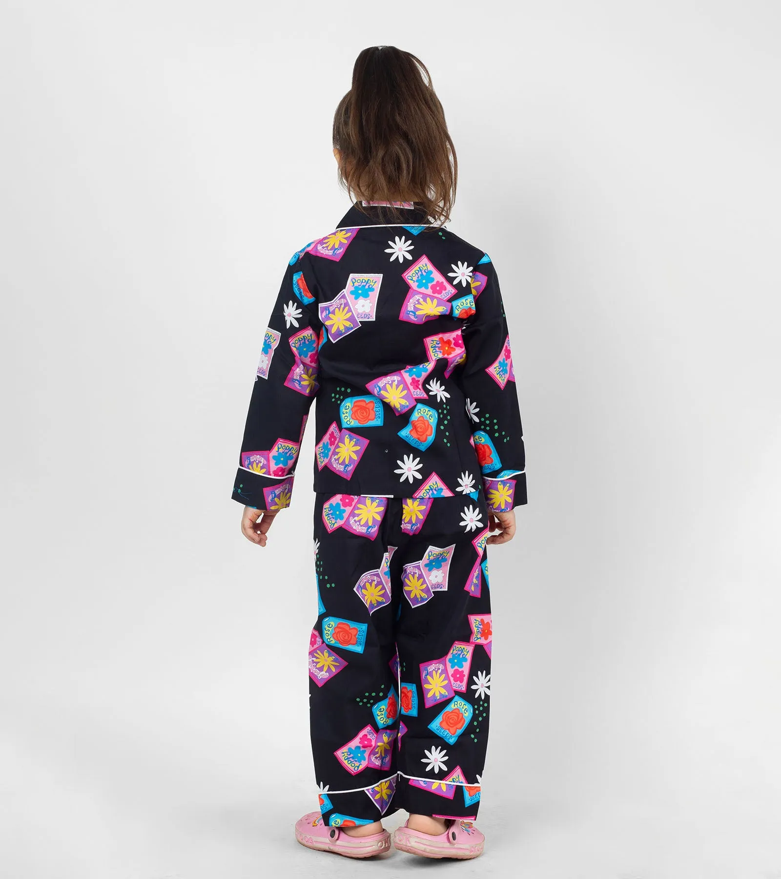 Flowery Black Printed Girls Nightsuit Set