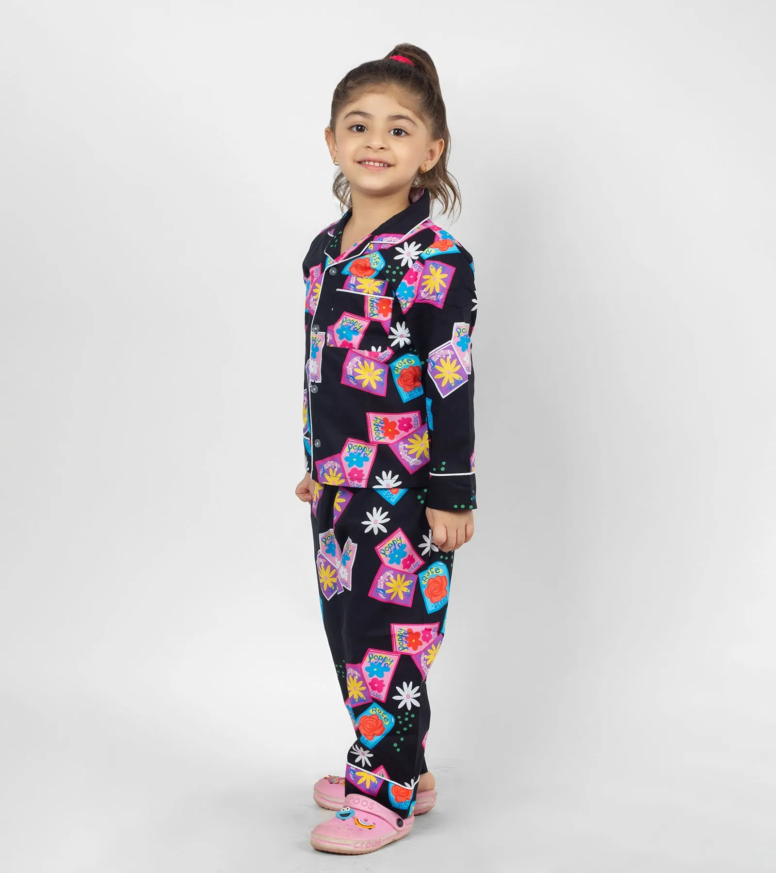 Flowery Black Printed Girls Nightsuit Set