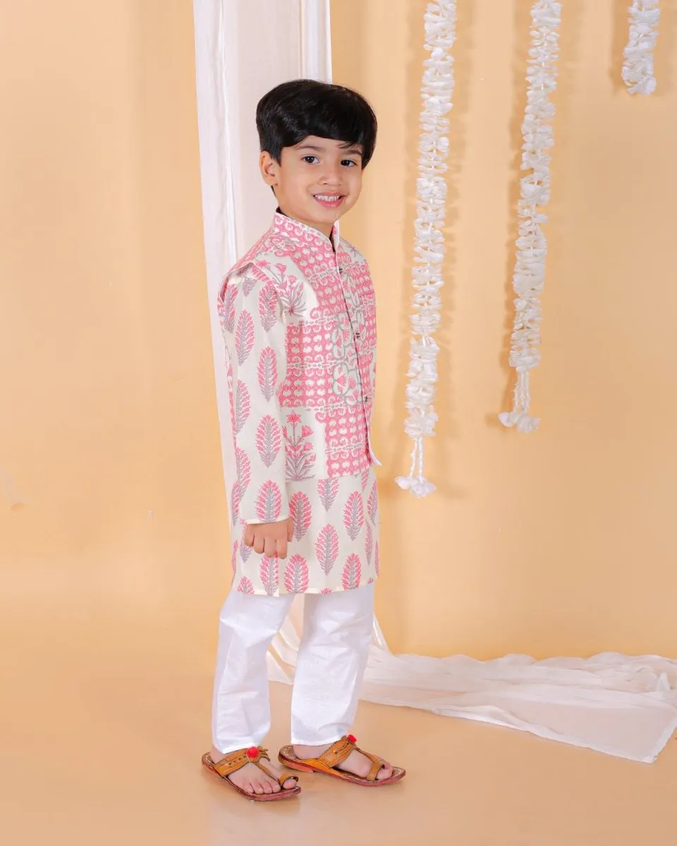 Gulaal Boys Floral Print Jacket And Kurta Pajama Set