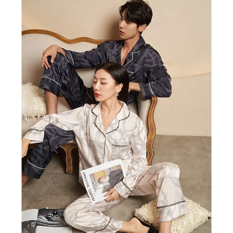 High Quality Women's Pajamas Set Silk Like Sleepwear Stripes Print Couples Homewear Men Nightwear Luxury Pyjamas Femme