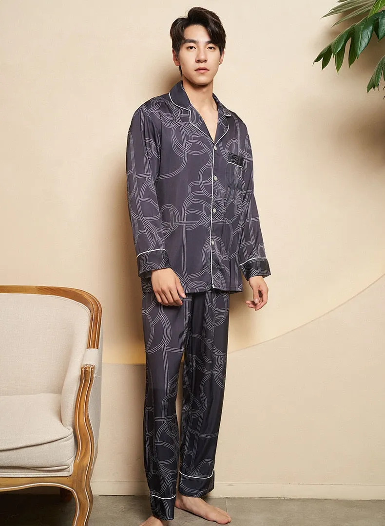 High Quality Women's Pajamas Set Silk Like Sleepwear Stripes Print Couples Homewear Men Nightwear Luxury Pyjamas Femme