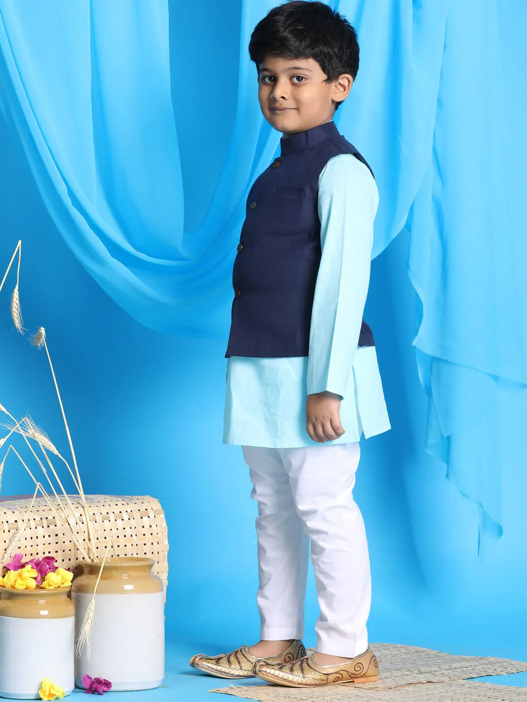 Jashvi Boy's Navy Blue Solid Jacket With Aqua Blue Kurta and White Pyjama Set