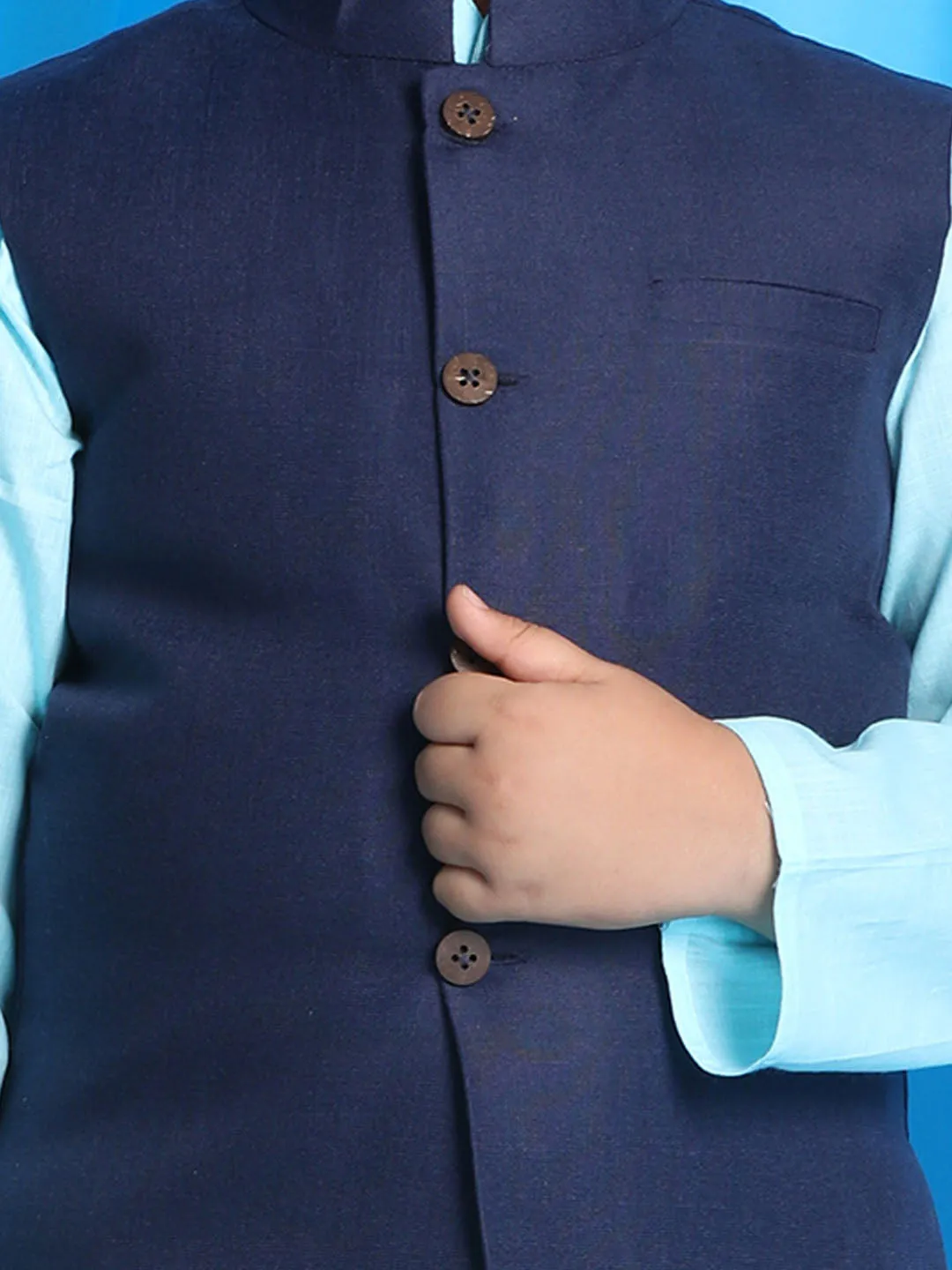 Jashvi Boy's Navy Blue Solid Jacket With Aqua Blue Kurta and White Pyjama Set