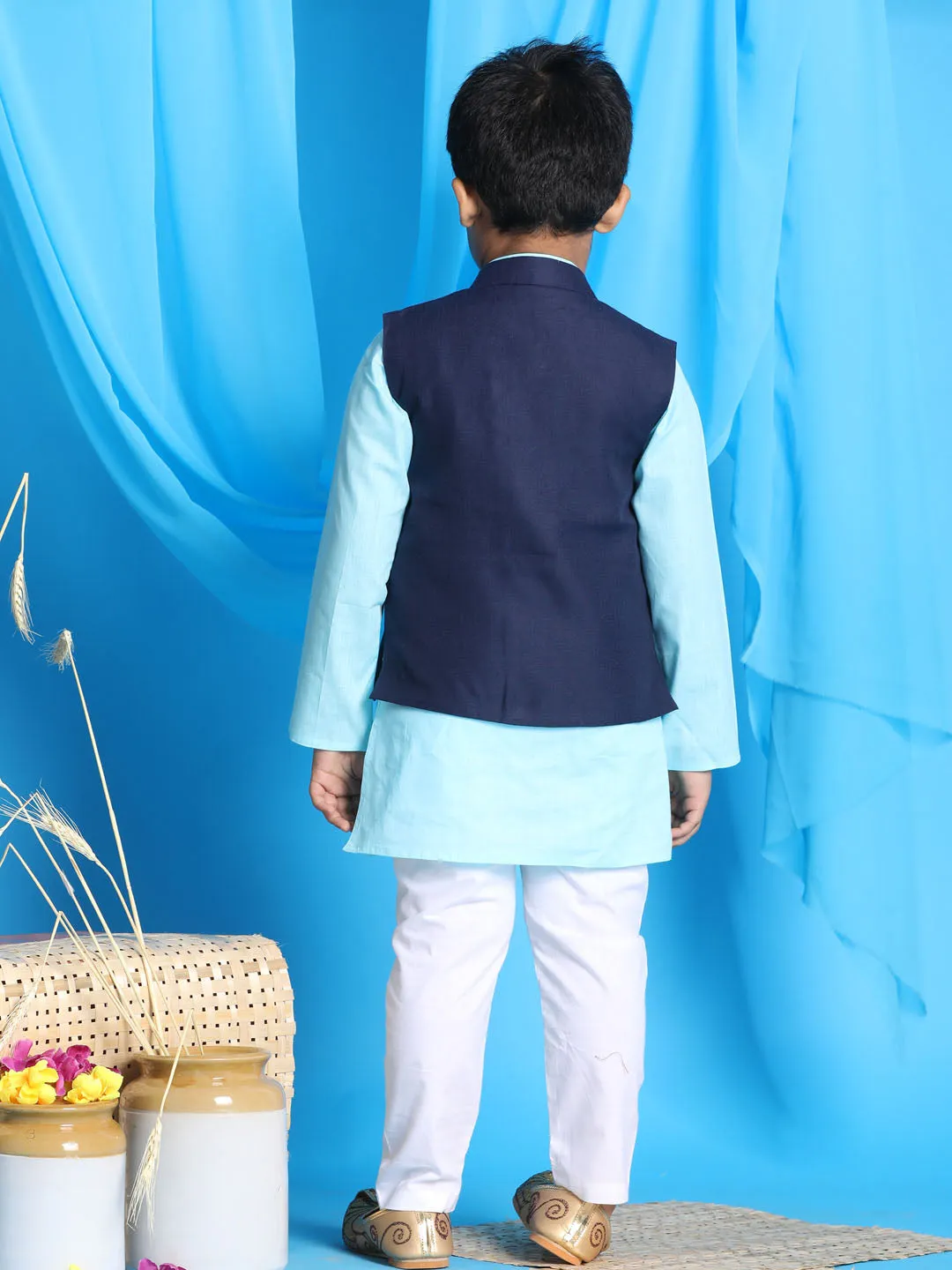 Jashvi Boy's Navy Blue Solid Jacket With Aqua Blue Kurta and White Pyjama Set