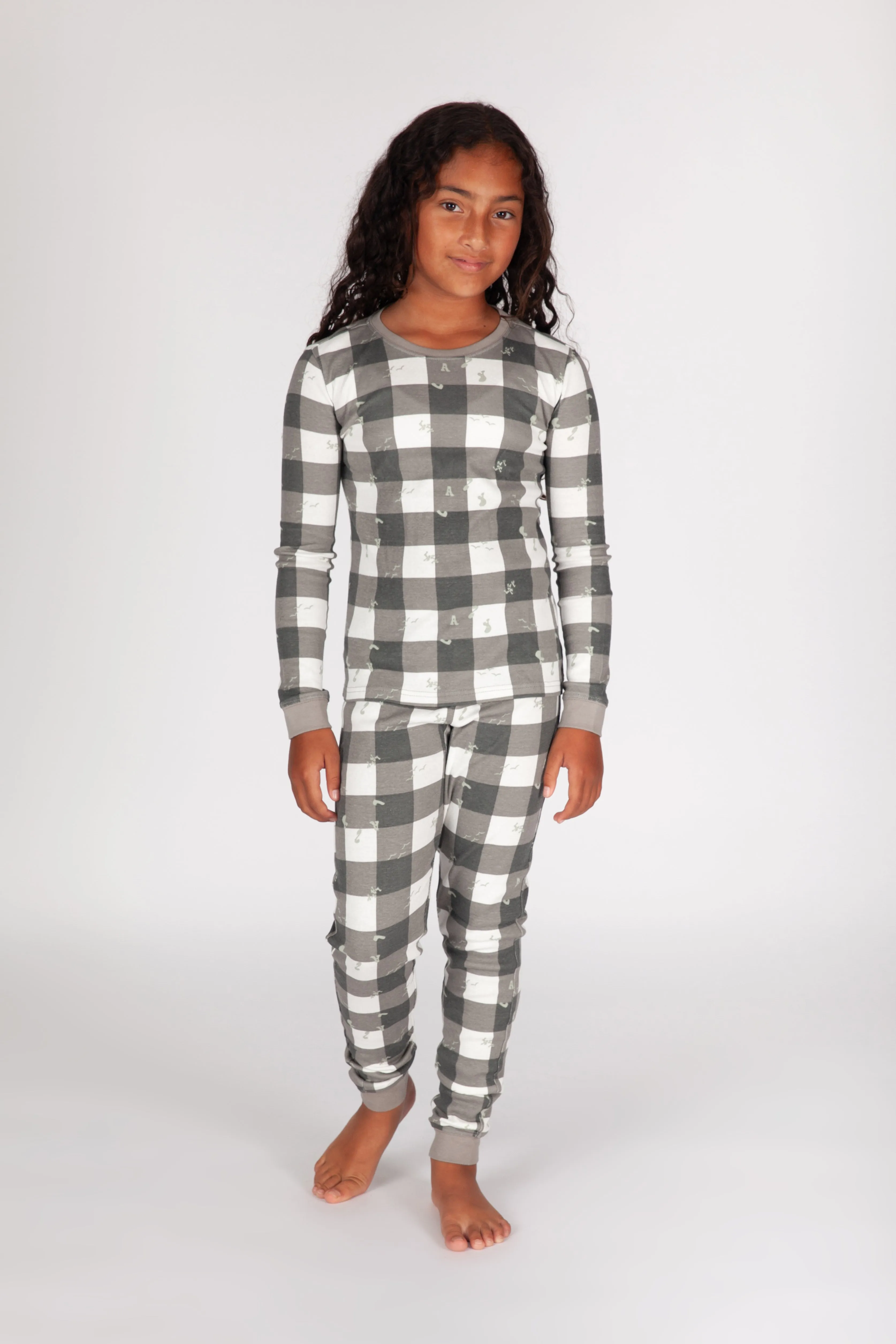 Kids Cotton Pajama Set in Lazy Bird Plaid