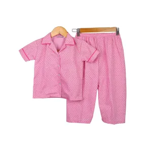 Kidscapade P. Girls Pajama Set Dotted Print with Collar - Dark Pink