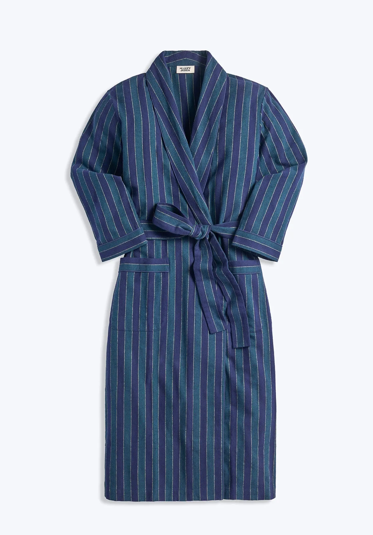 Marianne Long Robe in Green, Navy, and Gold Flannel Stripe