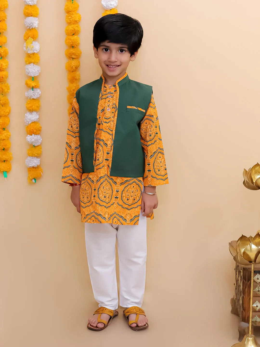 Marigold Mosaic Boys Floral Print Jacket And Kurta Pajama Set