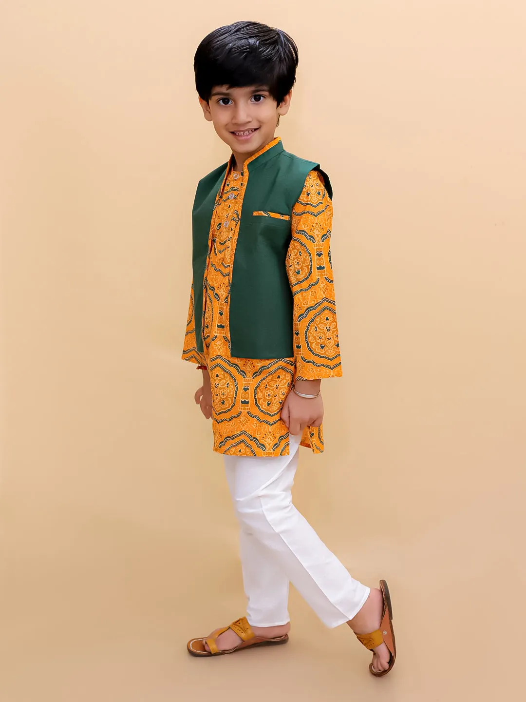 Marigold Mosaic Boys Floral Print Jacket And Kurta Pajama Set