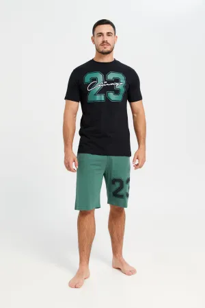 Men Black T-Shirt And Green Shorts Pyjama Set (2 Piece)