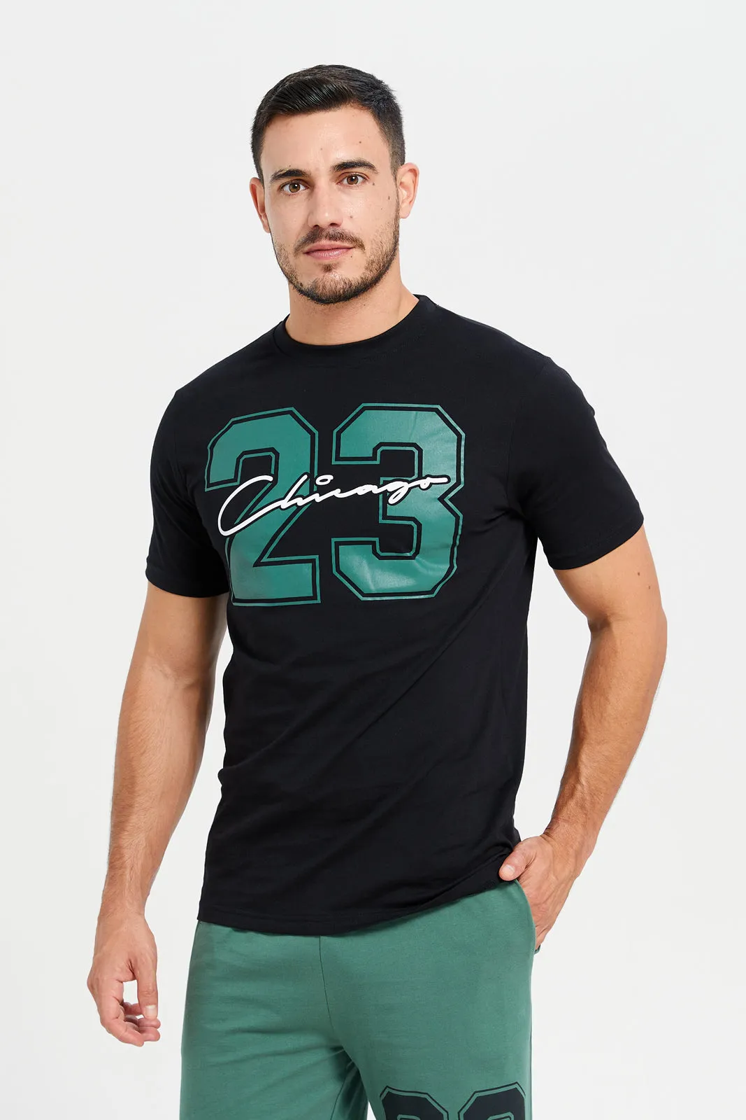 Men Black T-Shirt And Green Shorts Pyjama Set (2 Piece)