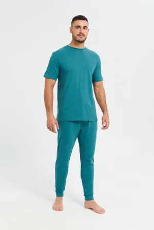 Men Green Plain T-Shirt And Pants Pyjama Set (2 Piece)