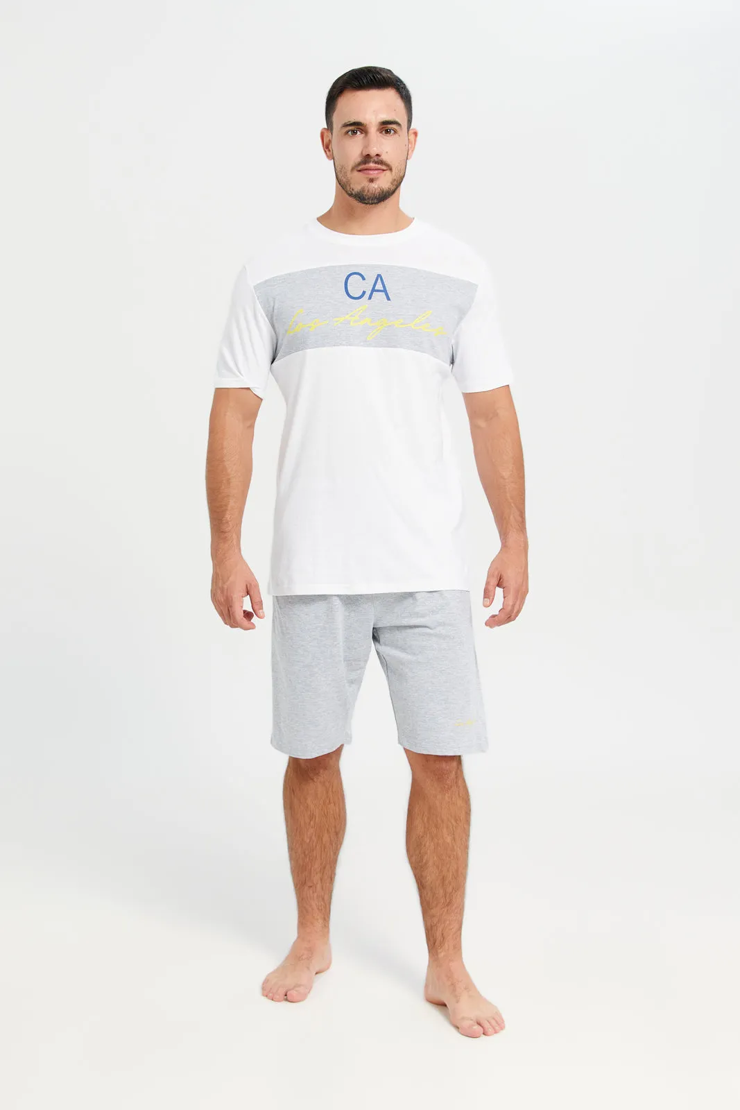 Men White T-Shirt And Grey Shorts Pyjama Set (2 Piece)