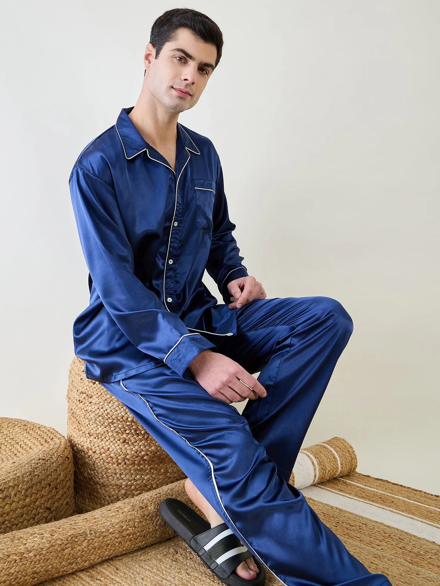 Mens Blue Satin Nightsuit Set