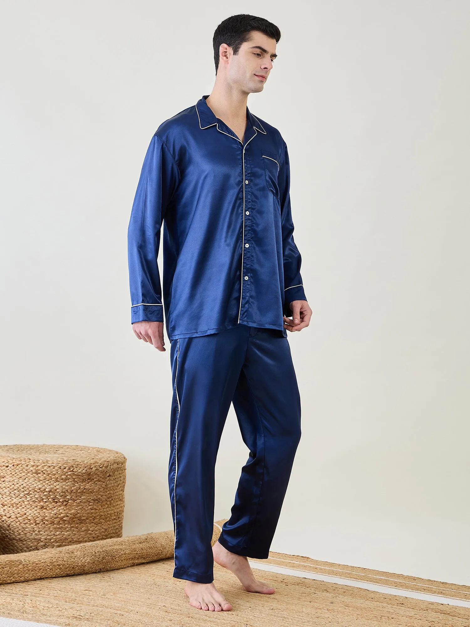 Mens Blue Satin Nightsuit Set