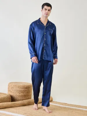 Mens Blue Satin Nightsuit Set