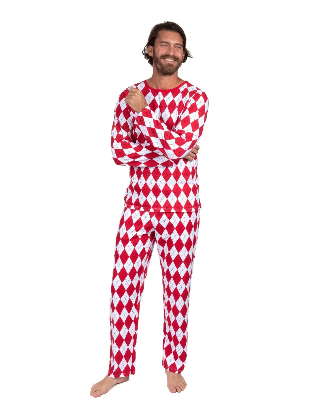 Mens Loose Fit Red & White Argyle Pajamas