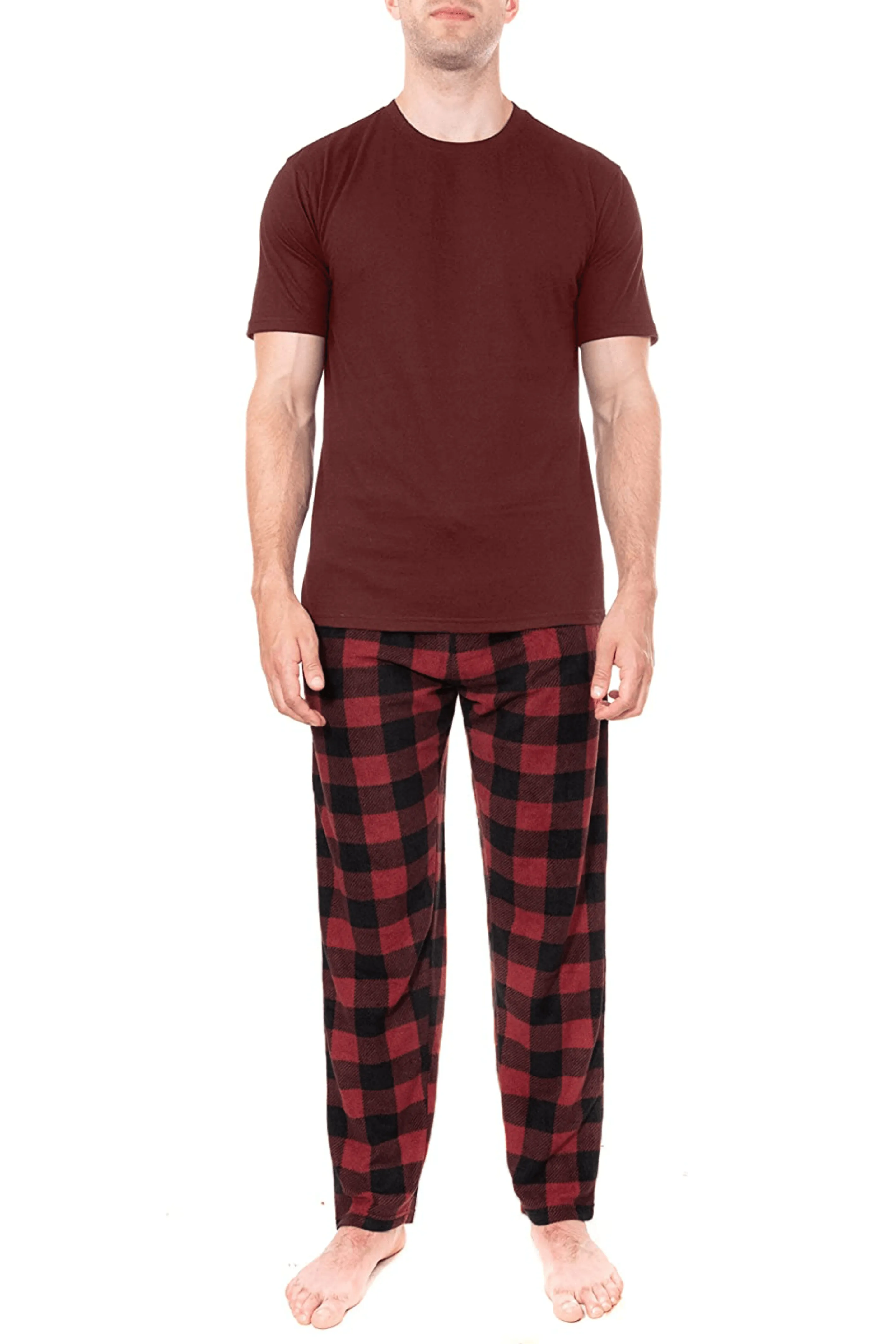 Men's Lounge T-shirt and Check Pajama Set Red (Stretchable)