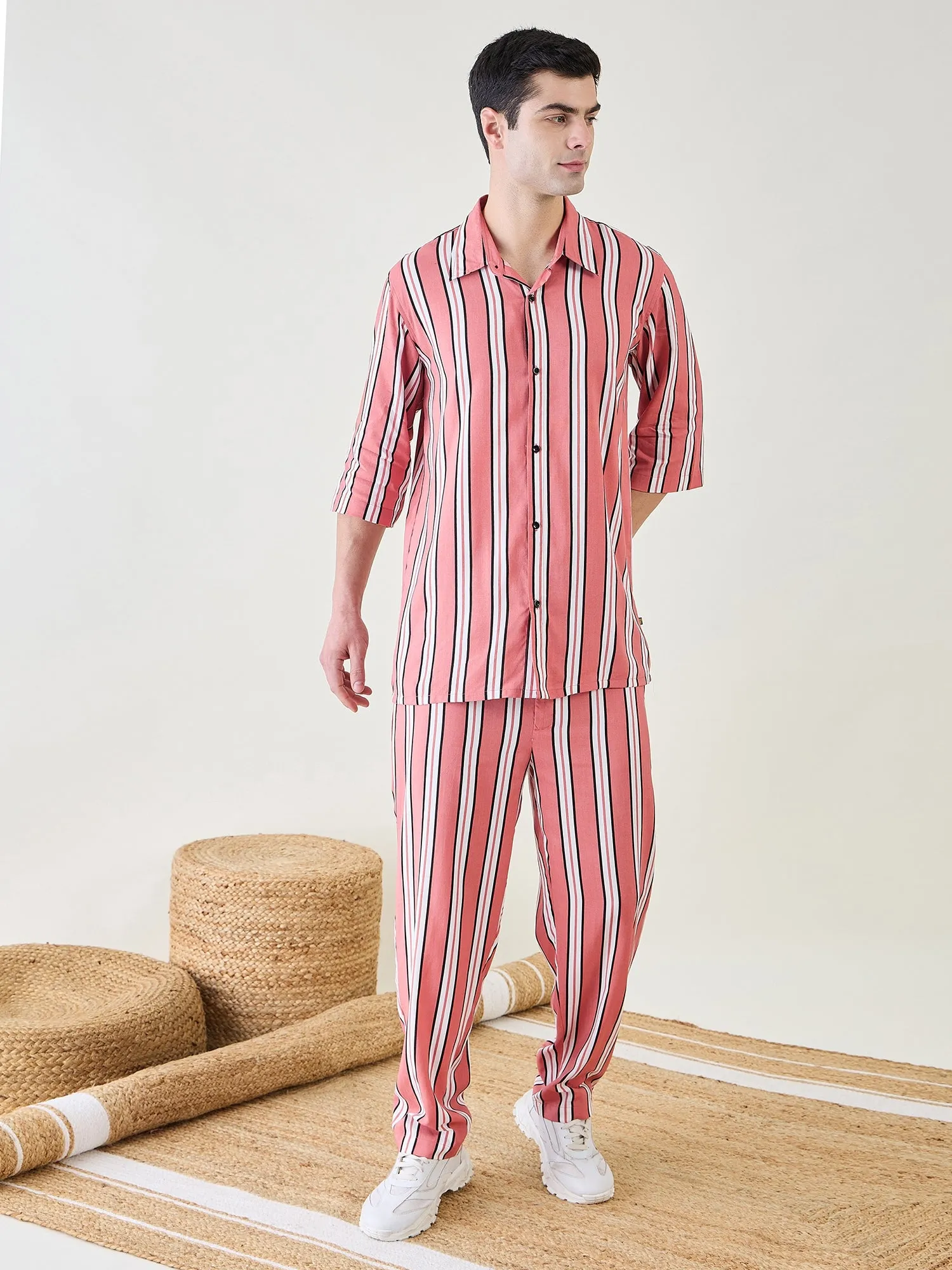 Mens Rust Striped Pyjama Set