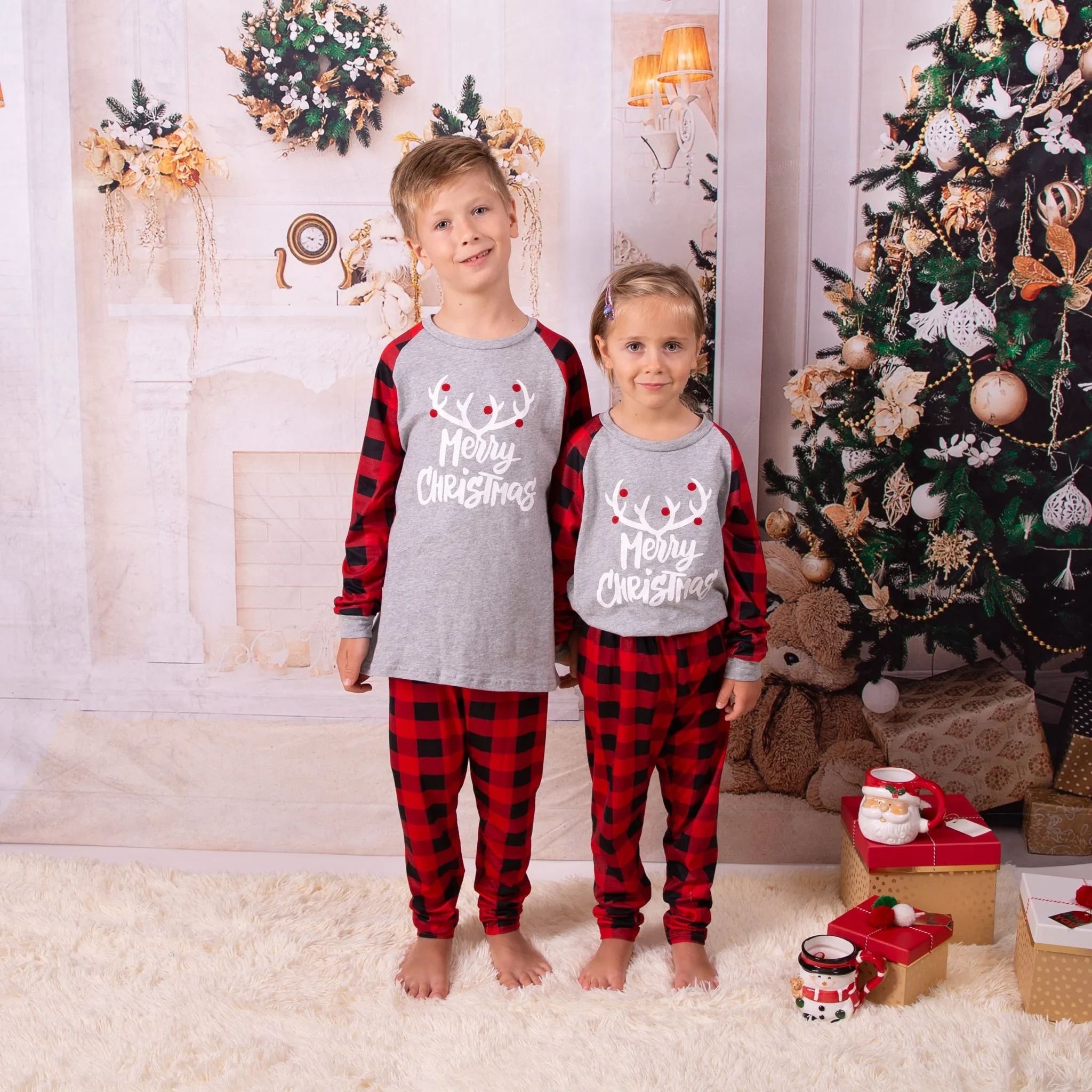 Merry Christmas Buffalo plaid Cotton Family Matching Pajamas