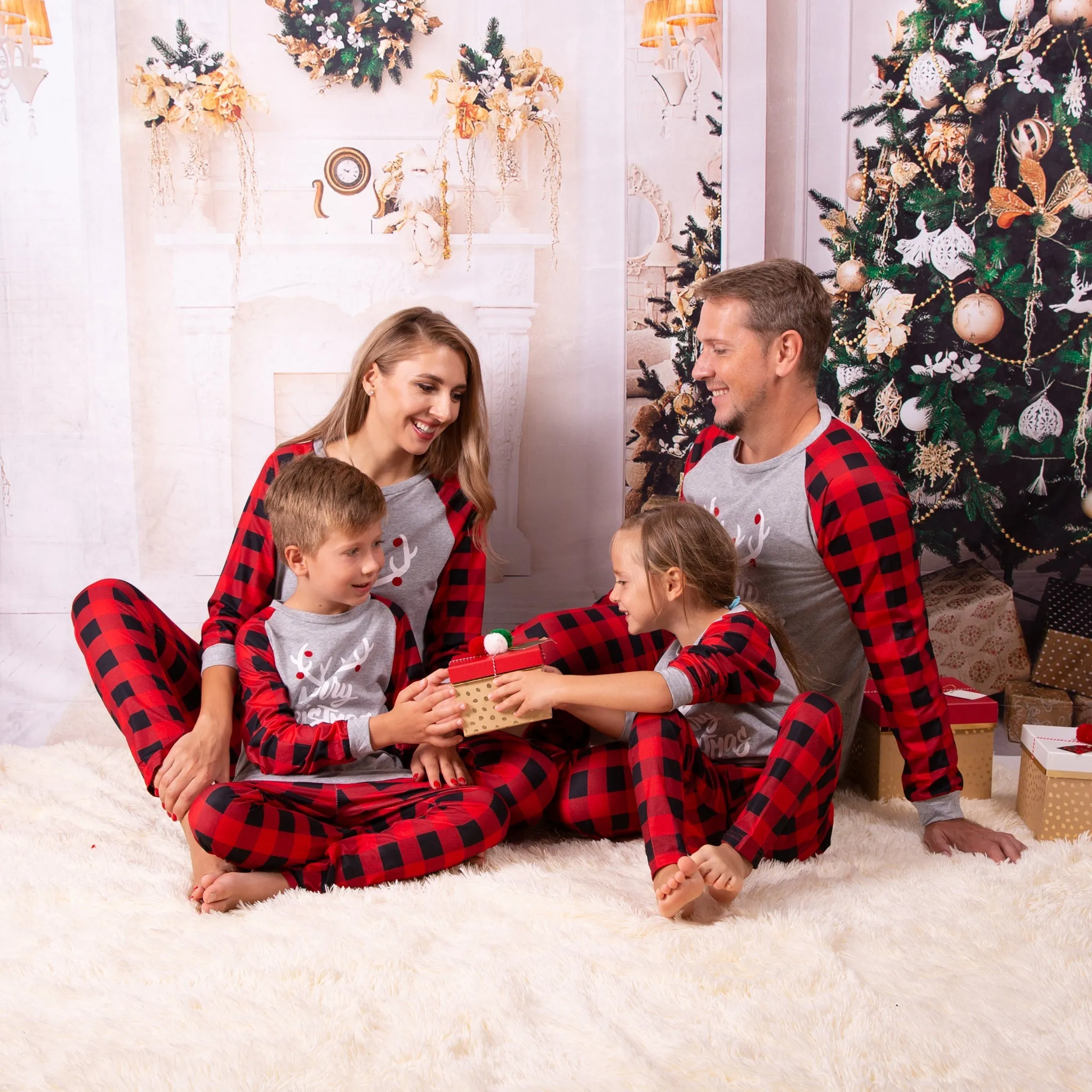 Merry Christmas Buffalo plaid Cotton Family Matching Pajamas