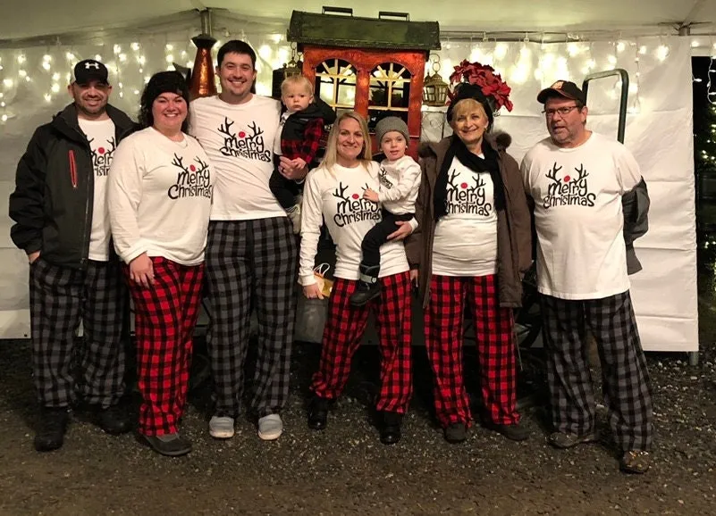 Merry Christmas Reindeer Matching Family Pajamas - Red/White Plaid Pants