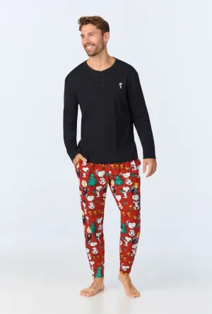 Peanuts Festive Fun Men's Long Sleeve Henley and Jogger Stretch Jersey PJ Set