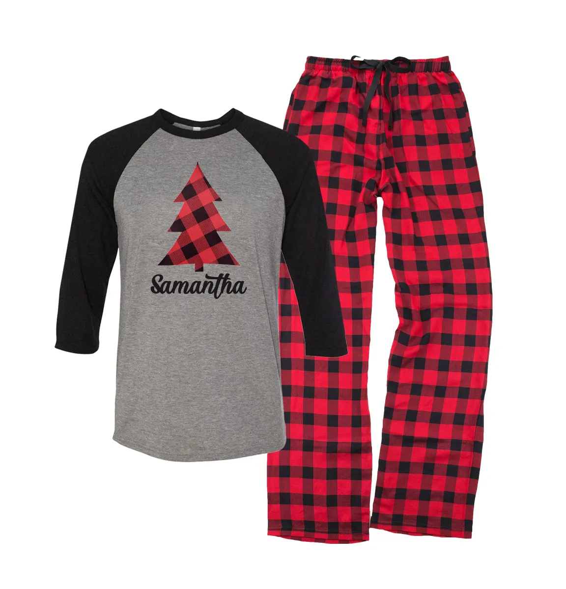 Personalized Plaid Christmas Tree Matching Family Pajama Set - Grey/Black