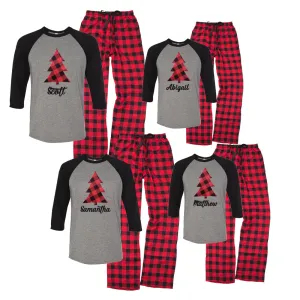 Personalized Plaid Christmas Tree Matching Family Pajama Set - Grey/Black