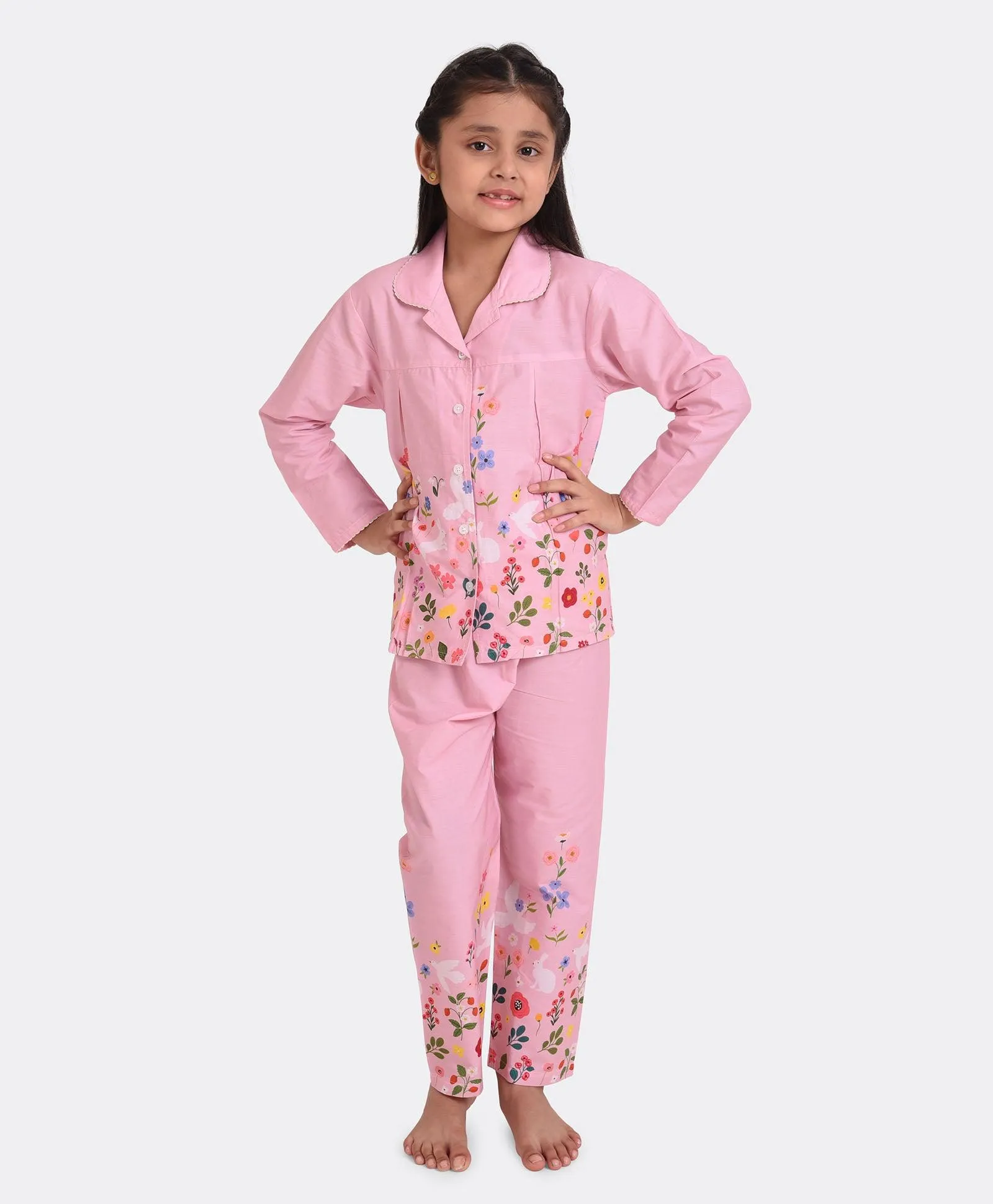 Pink Floral Printed Girls Nightsuit Set