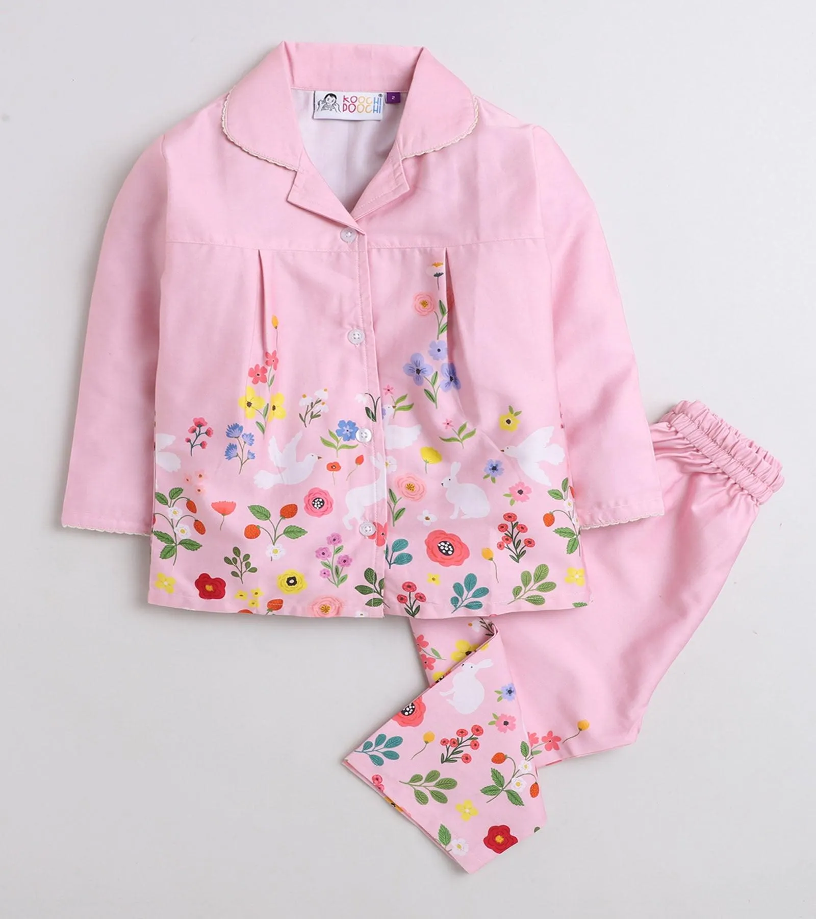 Pink Floral Printed Girls Nightsuit Set