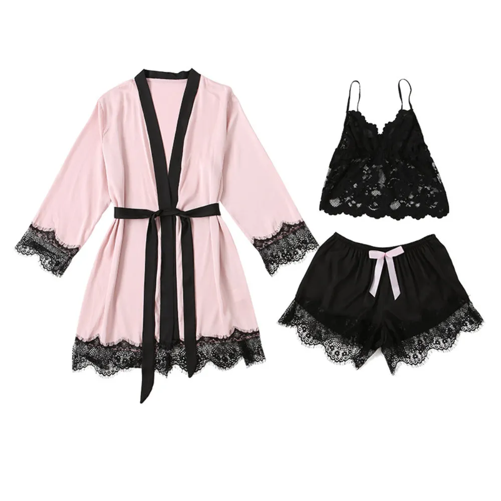 Sexy Lingerie Deep V Mesh Lace  Robe Women's Home Wear Set