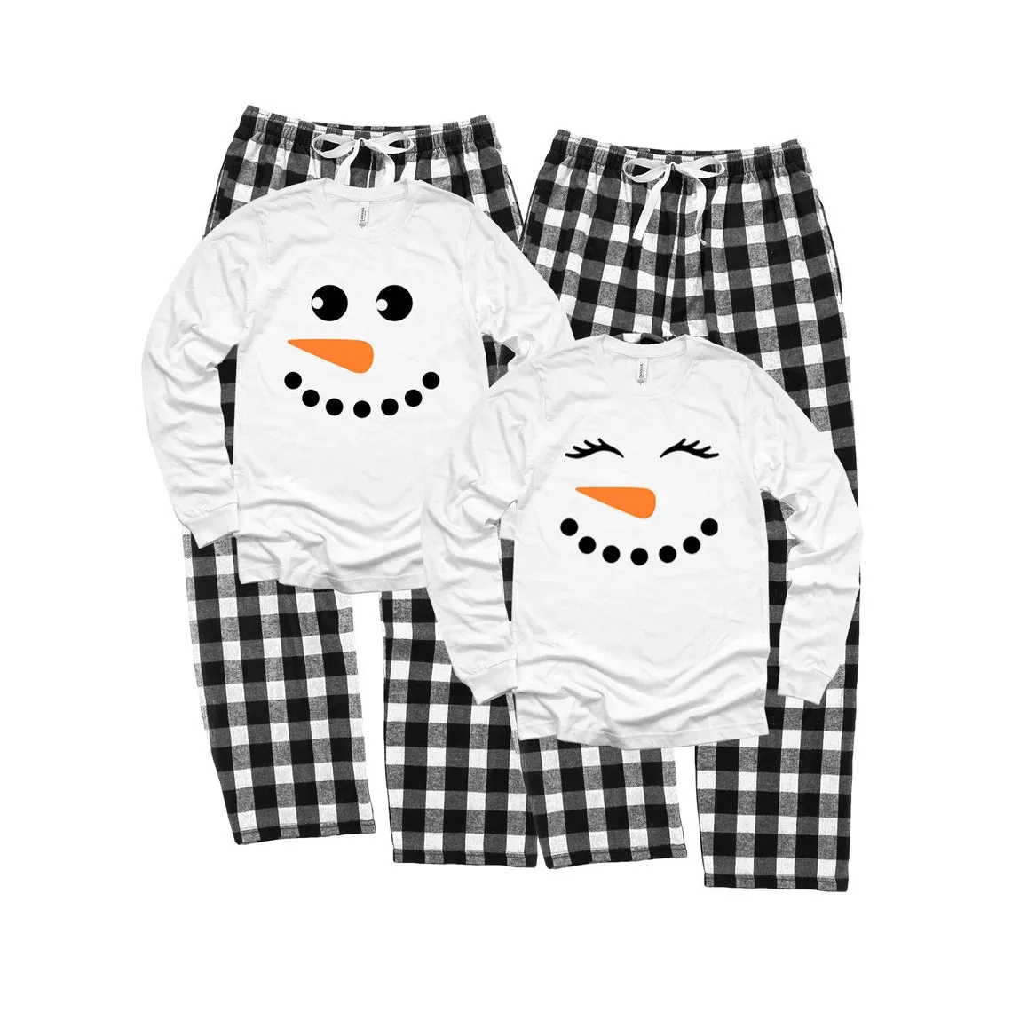 Snowman Matching Family Pajamas - Black/White Buffalo Plaid