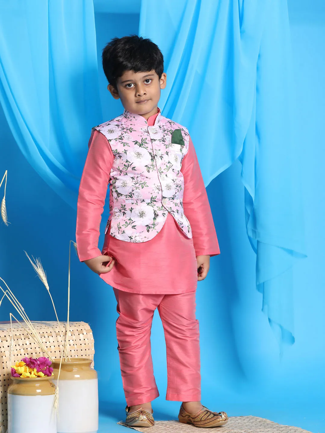 VASTRAMAY Boy's pink Floral Print Jacket With Pink Kurta and Pyjama Set