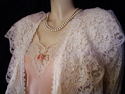 *VERY RARE VINTAGE CHRISTIAN DIOR "LE CONNAISSEUR" FROM NEIMAN MARCUS SILK & HEAVY LACE BRIDAL TROUSSEAU PEIGNOIR & NIGHTGOWN SET