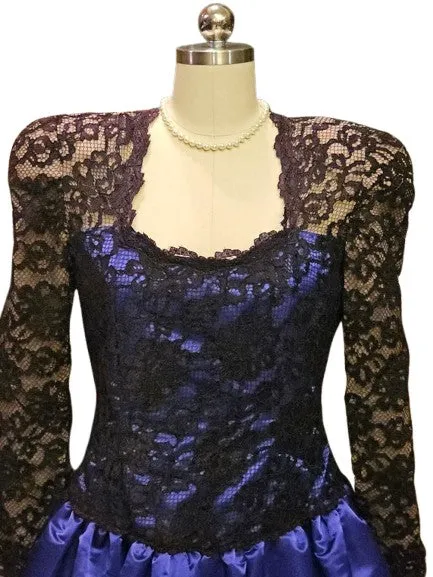 VINTAGE CAROLINA HERRERA SAKS 5TH AVENUE BLACK LACE & PURPLE BRIDAL SATIN FORMAL COCKTAIL DRESS