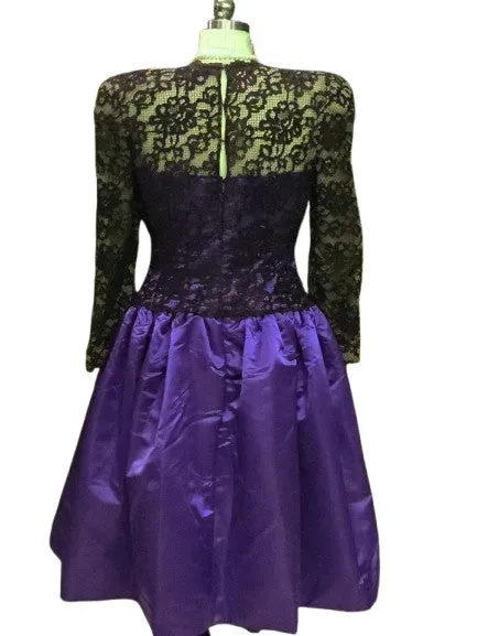 VINTAGE CAROLINA HERRERA SAKS 5TH AVENUE BLACK LACE & PURPLE BRIDAL SATIN FORMAL COCKTAIL DRESS