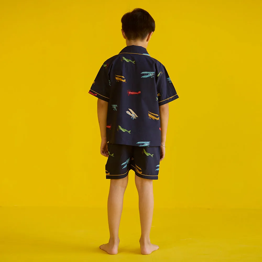 Vintage Planes Navy Shorts Set For Kids