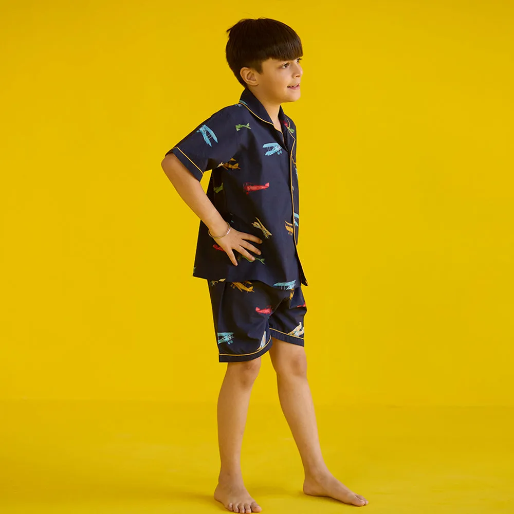 Vintage Planes Navy Shorts Set For Kids