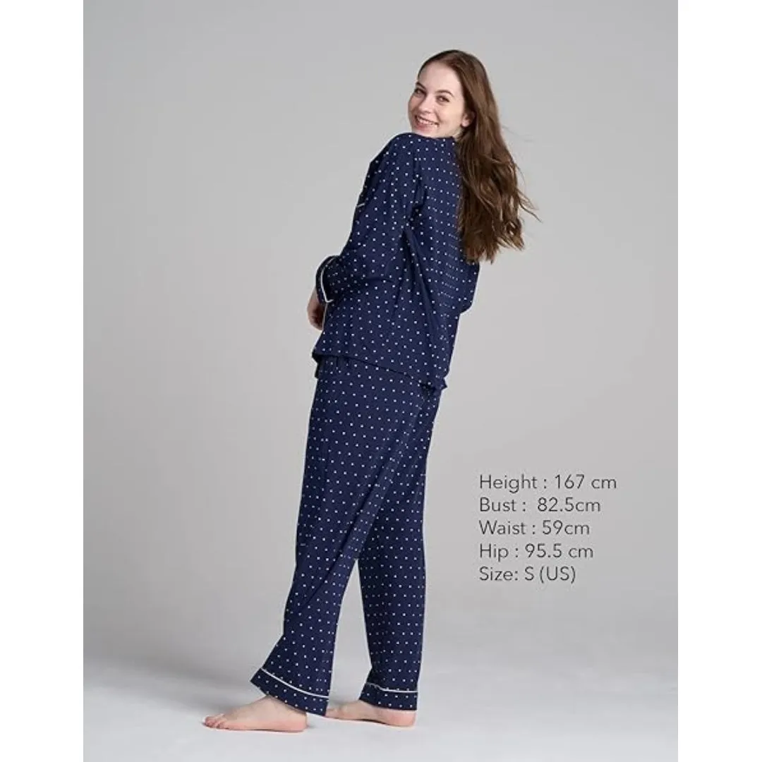 Women Navy Pyjamas Set Knit Lounge Bottom Pants and Long Sleeve Button Top