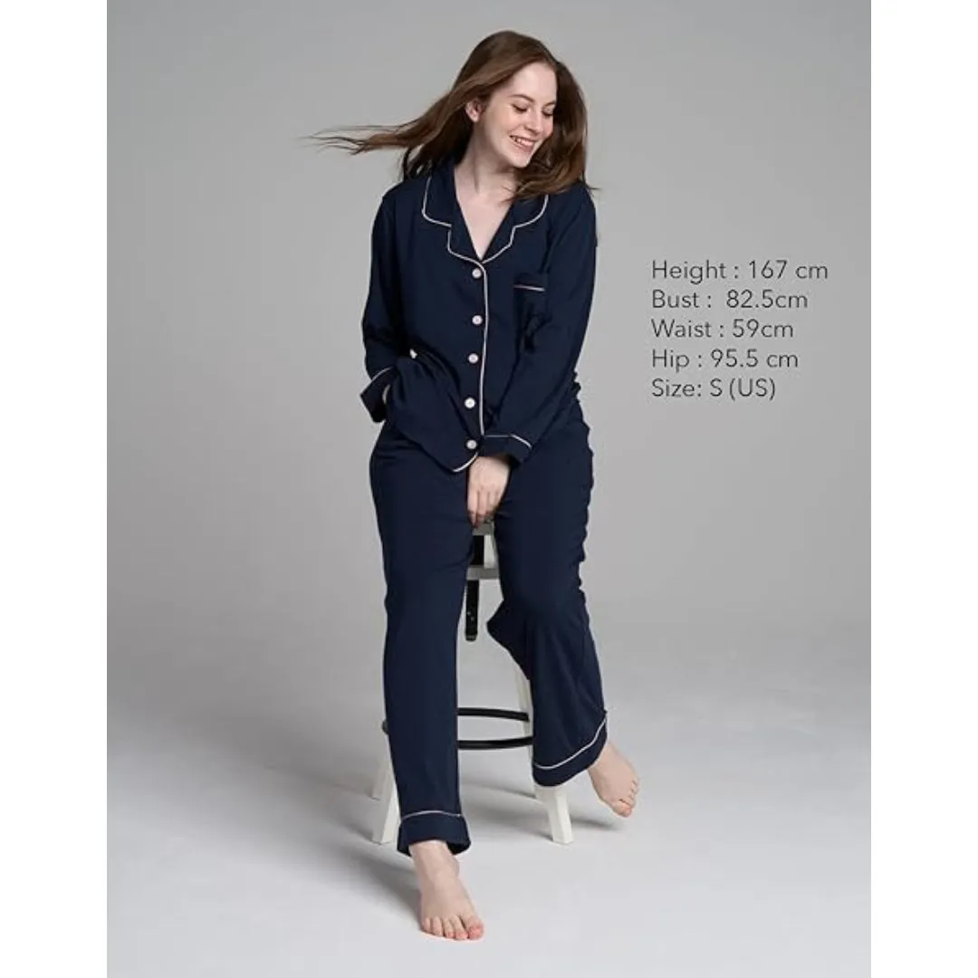 Women Navy Pyjamas Set Knit Lounge Bottom Pants and Long Sleeve Button Top