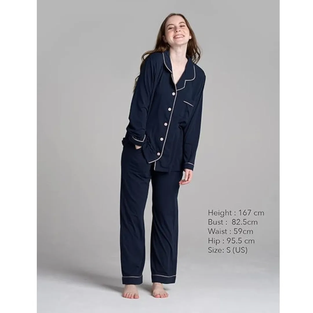 Women Navy Pyjamas Set Knit Lounge Bottom Pants and Long Sleeve Button Top