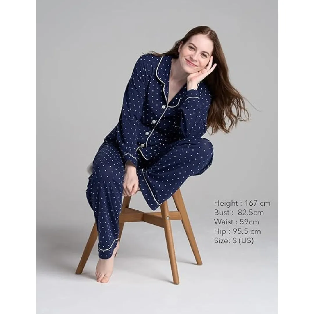 Women Navy Pyjamas Set Knit Lounge Bottom Pants and Long Sleeve Button Top