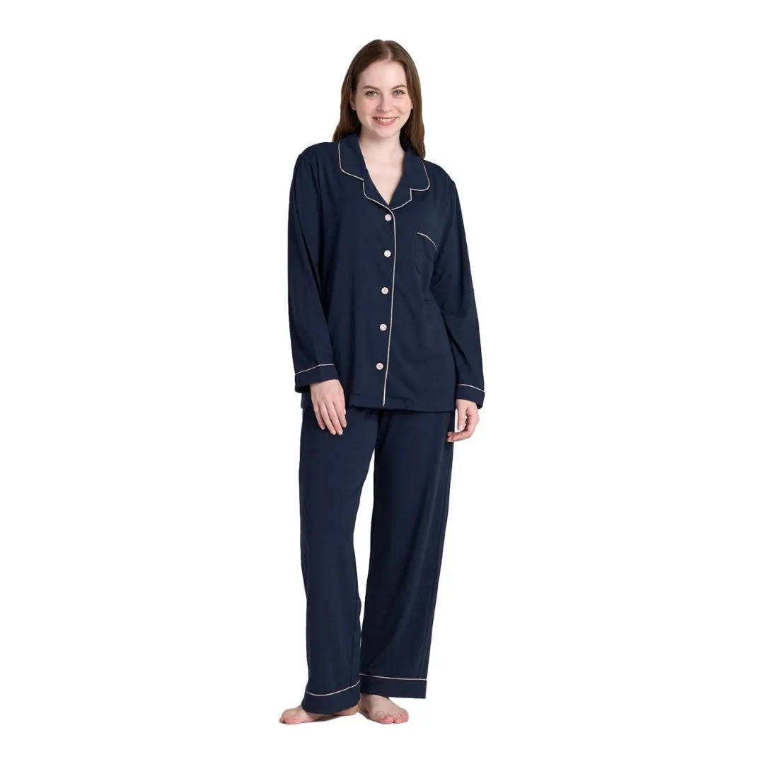 Women Navy Pyjamas Set Knit Lounge Bottom Pants and Long Sleeve Button Top