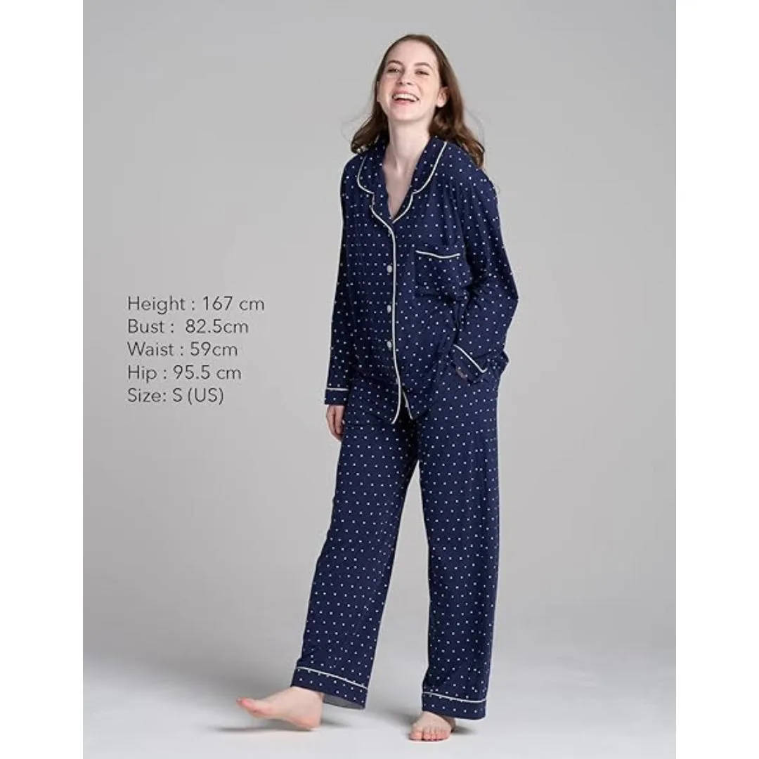 Women Navy Pyjamas Set Knit Lounge Bottom Pants and Long Sleeve Button Top