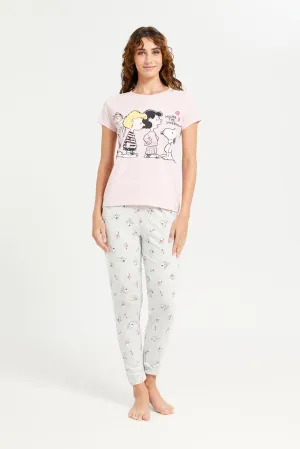 Women Pink And Grey Snoopy Pajama Set (2 Piece)