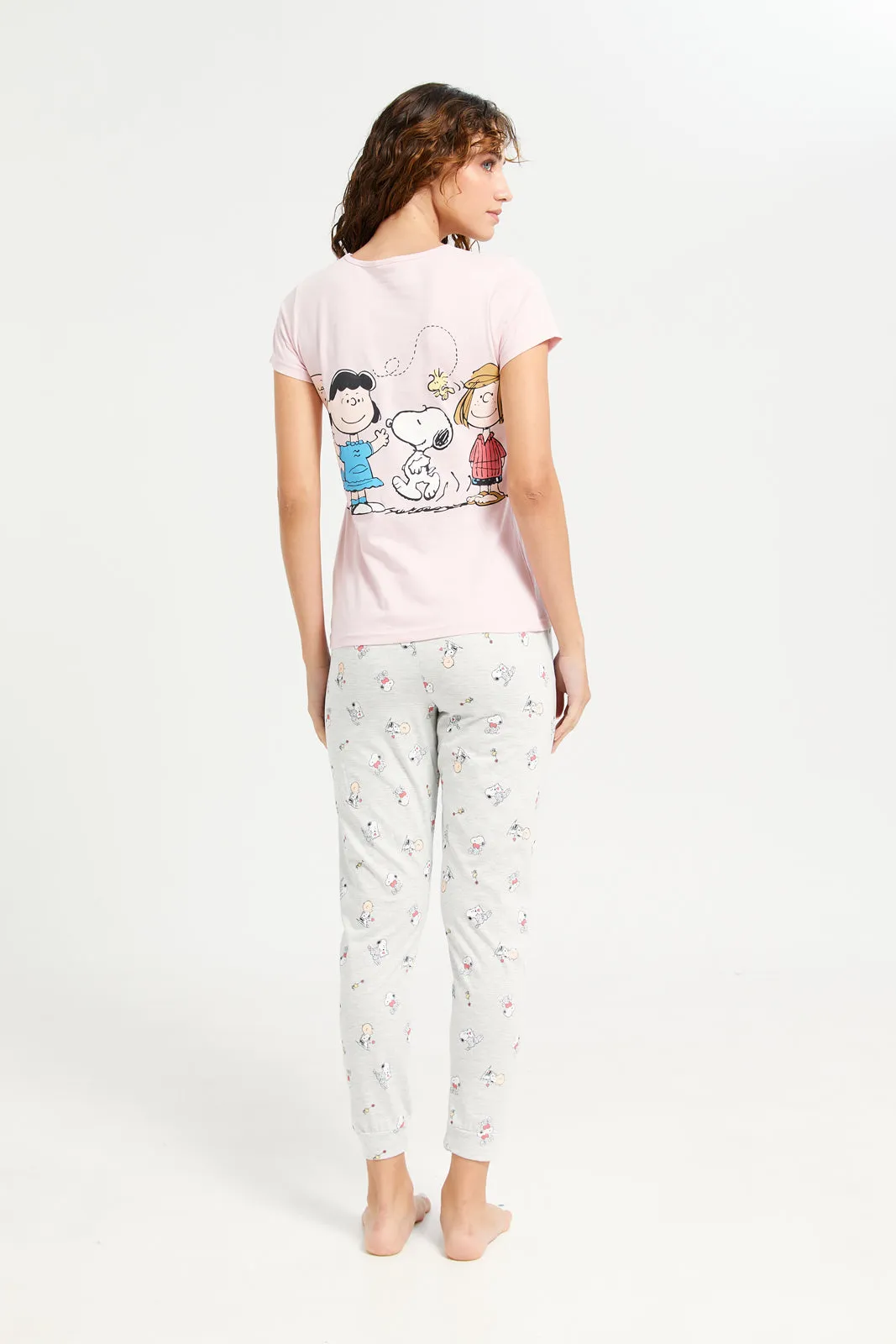 Women Pink And Grey Snoopy Pajama Set (2 Piece)