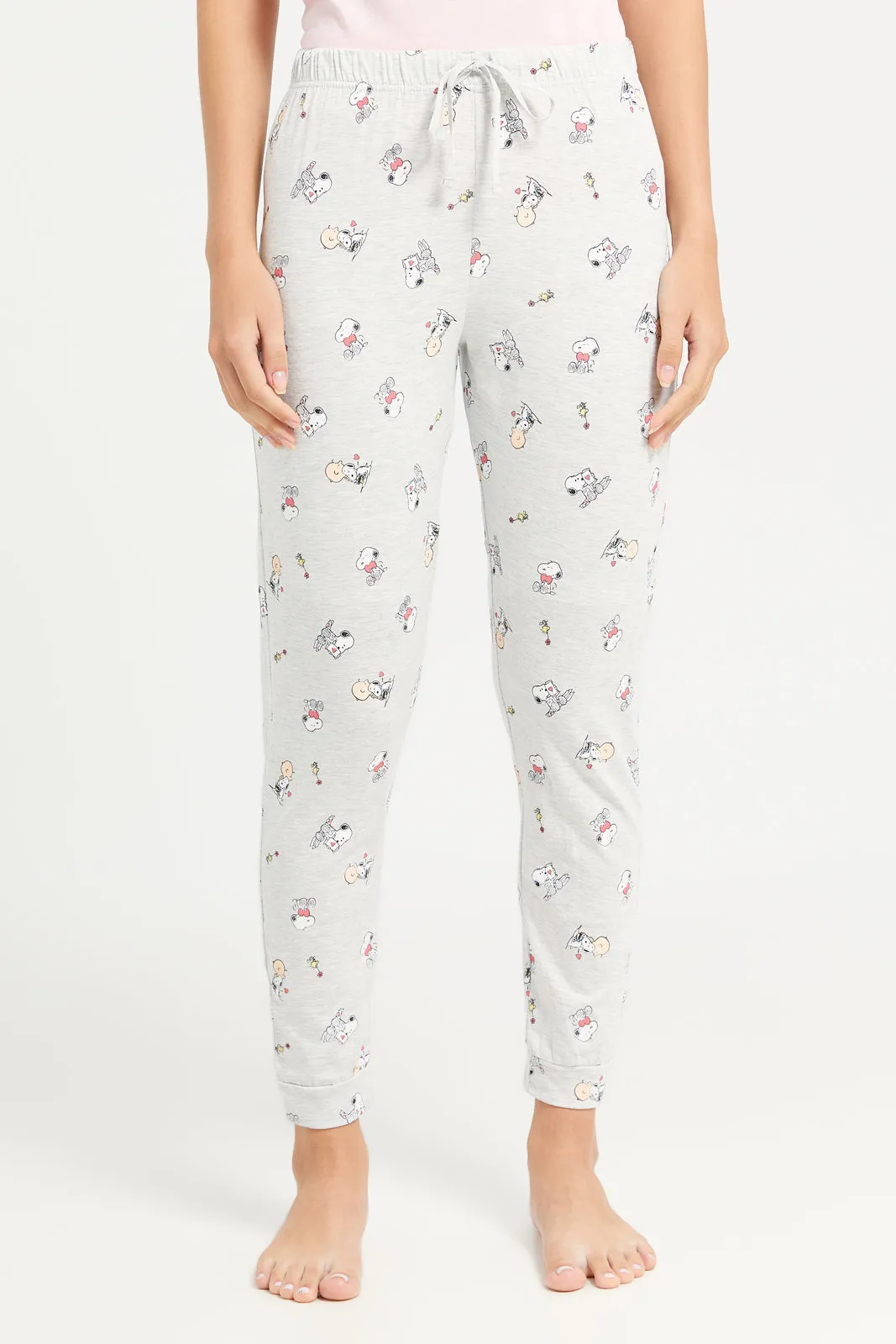 Women Pink And Grey Snoopy Pajama Set (2 Piece)